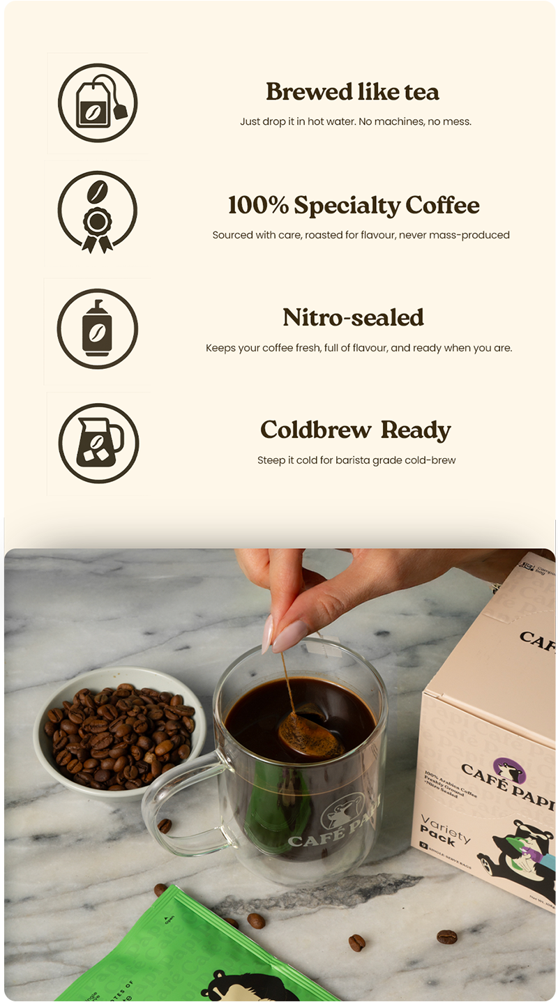 Café Papi coffee packaging with brewing information and a hand holding a cup of coffee.