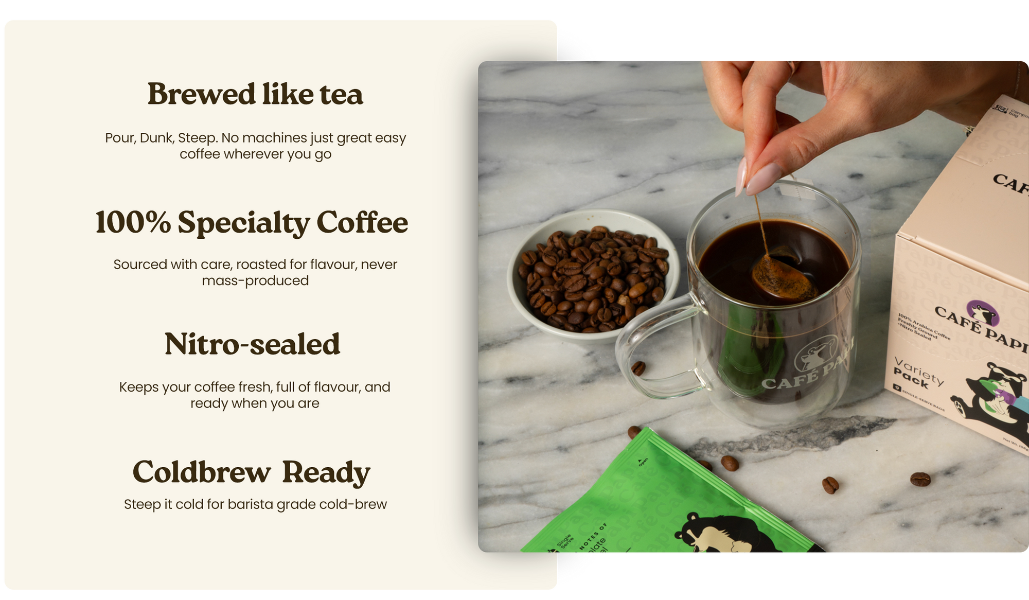 Café Papi coffee packaging with coffee beans and a cup on a marble surface.